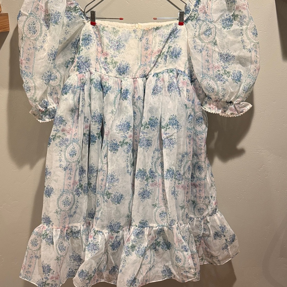Selkie La Belle Etoile French Puff Sleeve Mini Dress in Soft Blue White Sheer - Picture 4 of 16
